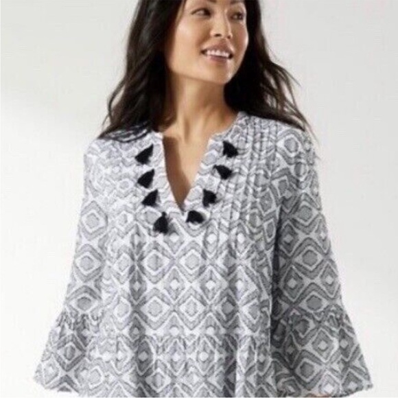Tommy Bahama Diamond Clip Jaquard Tier Dress with Bell Sleeves & Tassels Size XS - Picture 4 of 10